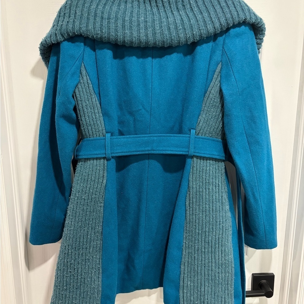 Anthropologie Elevenses Teal Coat Ribbed Collar Belt Wool Blend Boho - Picture 11 of 15